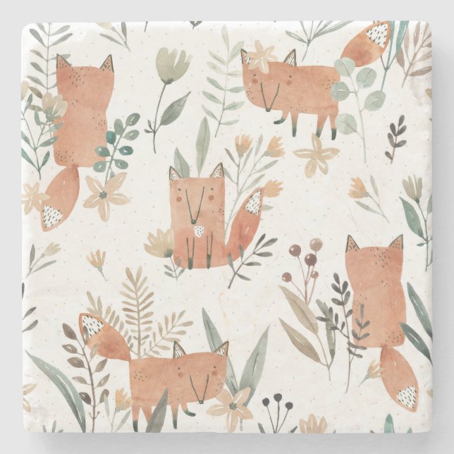 Foxes in Meadows: Watercolor Seamless Stone Coaster (Front)