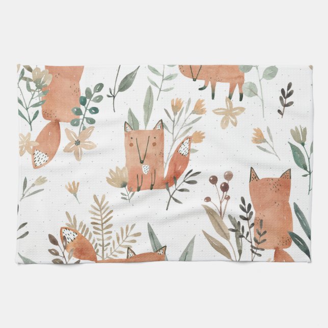 Foxes in Meadows: Watercolor Seamless Tea Towel (Horizontal)