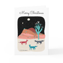 Foxes in night desert with cactus, star and bird