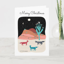 Foxes in night desert with cactus, star and bird holiday card