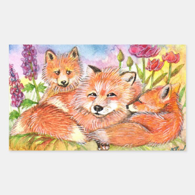 Foxes in the Flower Patch Rectangular Sticker (Front)
