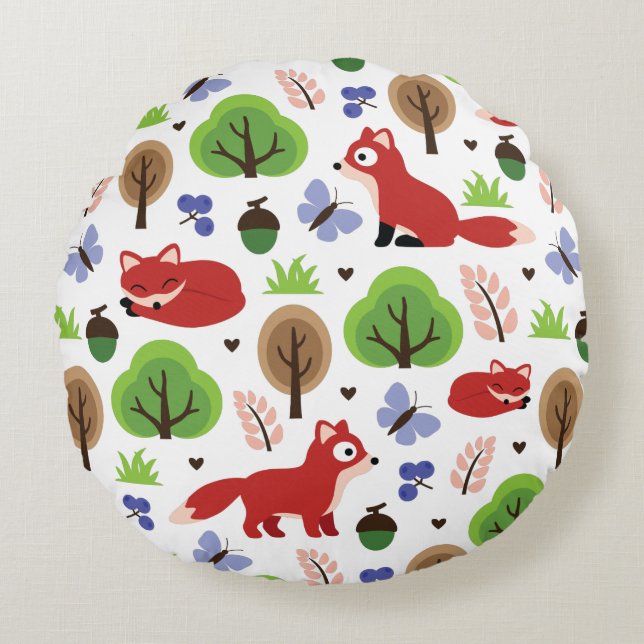 Foxes in the Oak Forest Round Cushion (Front)