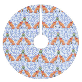 Foxes Kissing Under Mistletoe Blue Chinoiserie Brushed Polyester Tree Skirt