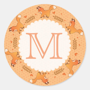 Foxes, Laurel and Hearts Wreath with Monogram Classic Round Sticker