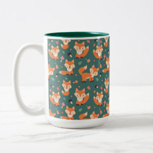 Foxes on forest green, cute pattern  Two-Tone coffee mug