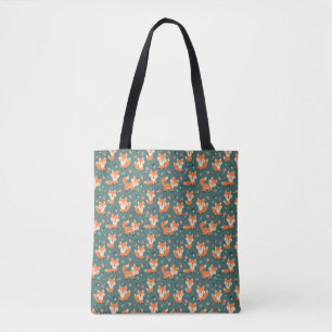 Foxes on forest green, cute  tote bag