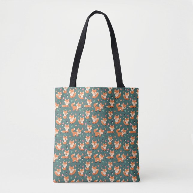 Foxes on forest green, cute  tote bag (Front)