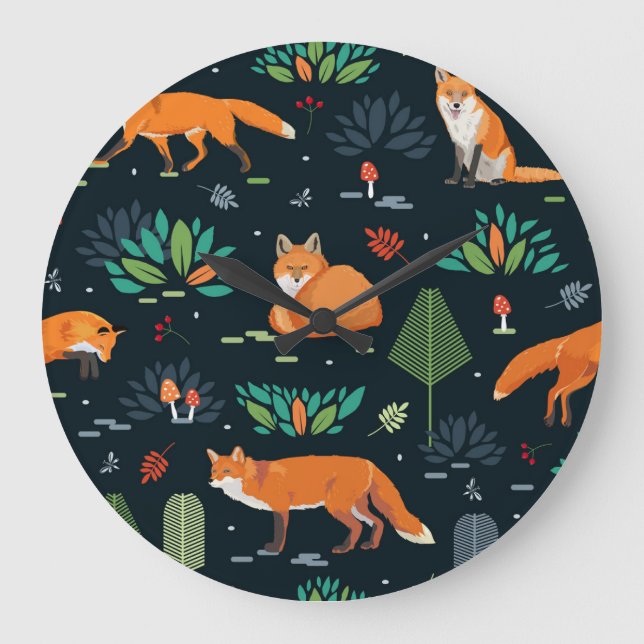 Foxes Trees Leaves Dark Background Large Clock (Front)