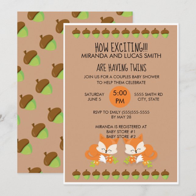 Foxes Woodland Animals Twins Baby Shower Invite (Front/Back)