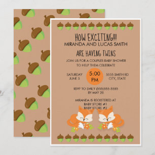 Foxes Woodland Animals Twins Baby Shower Invite