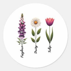 Foxglove Daisy Tulip Floral  Classic Round Sticker