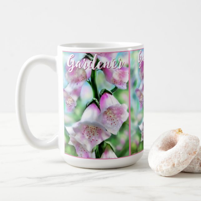 Foxglove Flowers Floral Pink Garden Personalised Coffee Mug (With Donut)