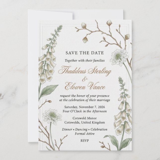 Foxglove, Scabiosa, Bare Branches, Thin Border Fra Invitation (Front)