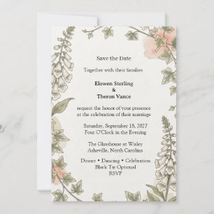 Foxgloves, Ivy Leaves, Watercolor Foliage, Botanic Invitation