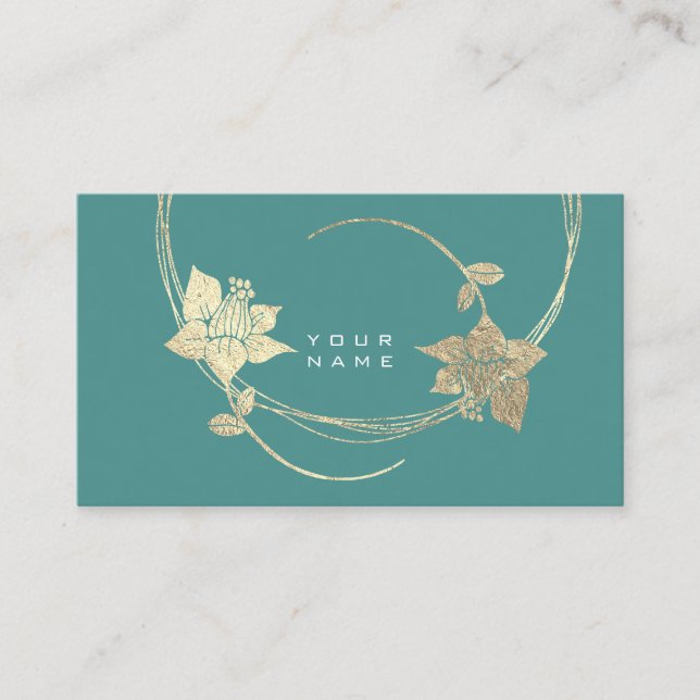 Foxier Gold Floral Teal Green Glam Business Card (Front)