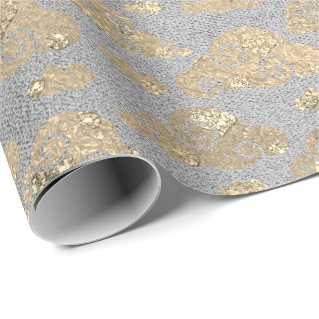 Foxier Silver Gray Glitter Clouds Metallic Silver Wrapping Paper (Roll Corner)