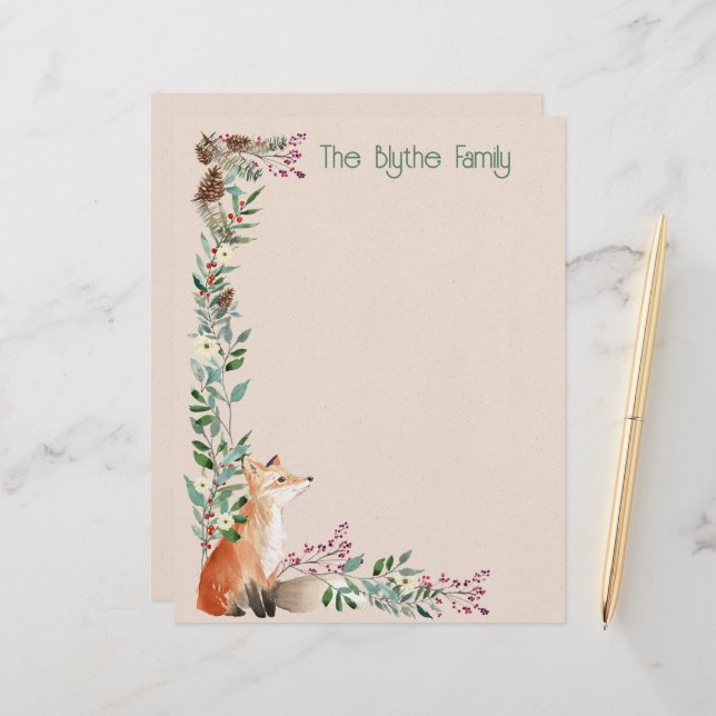Foxy Forest Christmas 8.5" x 11" Stationery Custom Letterhead (Front/Back In Situ)