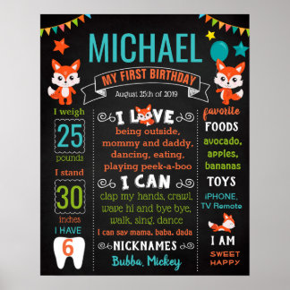 Foxy Fox First Birthday party chalkboard sign