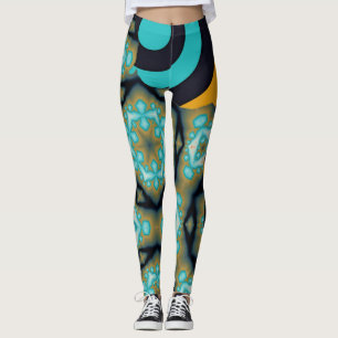 Fractal and geometric pattern in turquoise orange leggings