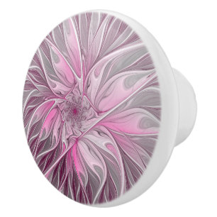 Fractal Art Pink Flower Dream, Floral Fantasy Ceramic Knob