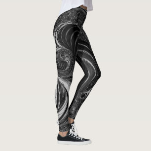 Fractal Black White Metal Nautilus Swirl Leggings