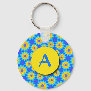 Fractal Blue Patchwork Daisies Monogram Keychain