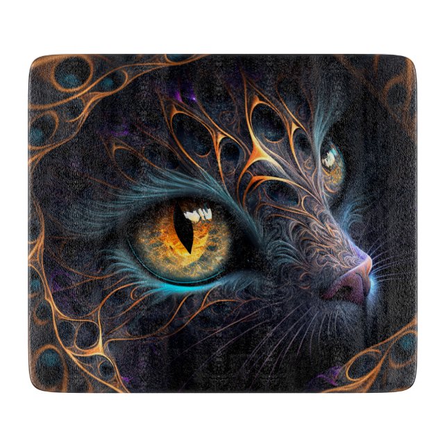 Fractal Cat Face in Black and Vibrant Colours Cutting Board (Front)