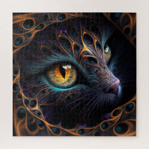 Fractal Cat Face in Black and Vibrant Colours Jigsaw Puzzle