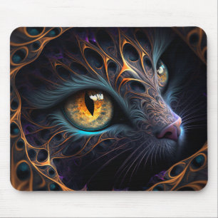 Fractal Cat Face in Black and Vibrant Colours Mouse Mat