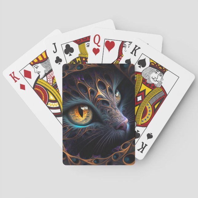 Fractal Cat Face in Black and Vibrant Colours Playing Cards (Back)