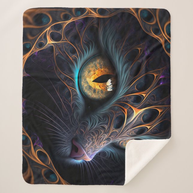 Fractal Cat Face in Black and Vibrant Colours Sherpa Blanket (Front)