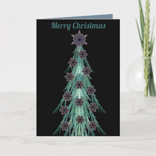 Fractal Christmas Tree Snowflakes and Star Black  Holiday Card (Front)