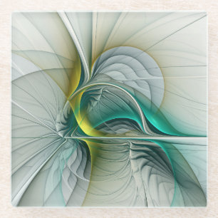 Fractal Evolution, Golden Turquoise Abstract Art Glass Coaster