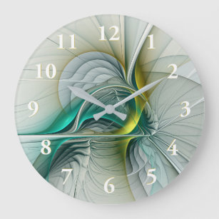 Fractal Evolution, Golden Turquoise Abstract Art Large Clock