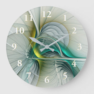 Fractal Evolution, Golden Turquoise Abstract Art Large Clock