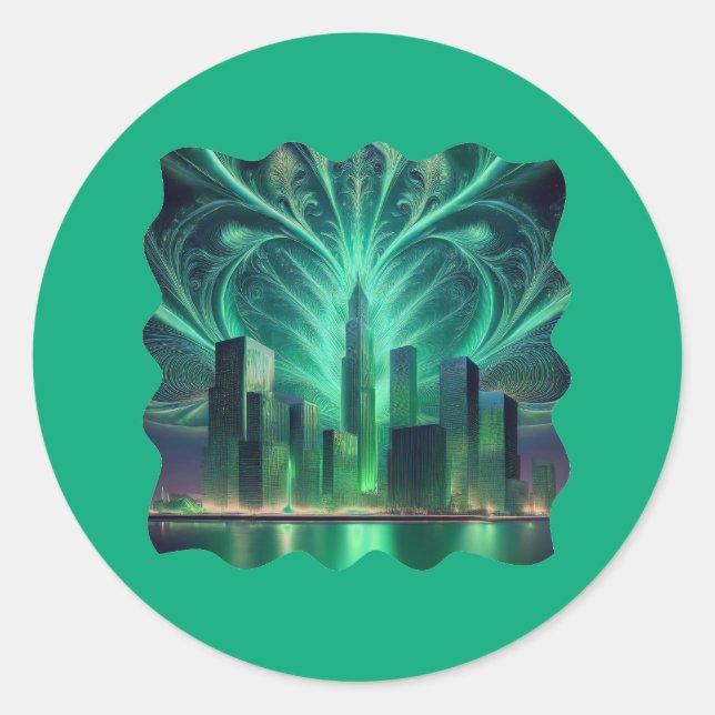 Fractal Fireworks Over The City Classic Round Sticker (Front)