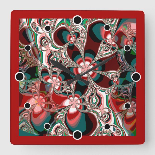 Fractal Floral in shades of Red and Green Square Wall Clock (Front)