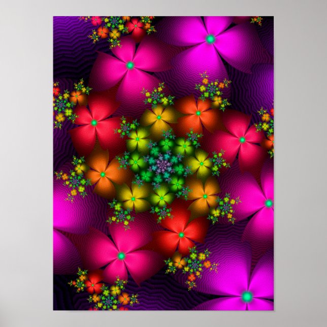 Fractal Floral Pattern Vibrant Pink Orange Art Poster (Front)
