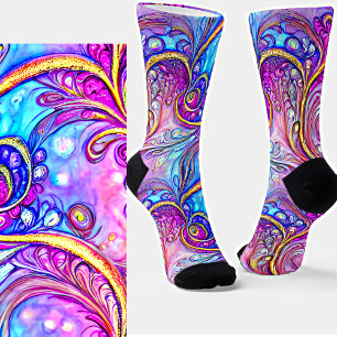 Fractal Flowers Blue Mauve Gold Socks