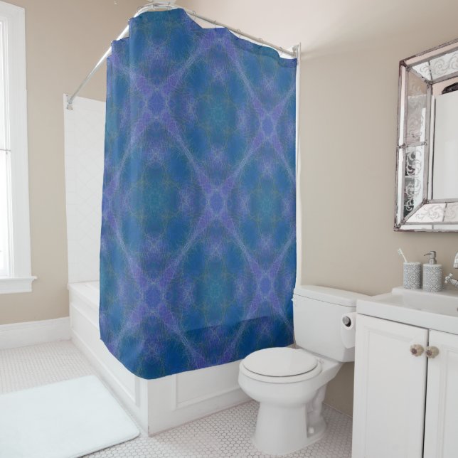 Fractal Frames, Ocean Blue, Purple Shower Curtain (In Situ)