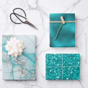 Fractal Glitter Glass Teal Wrapping Paper Sheet