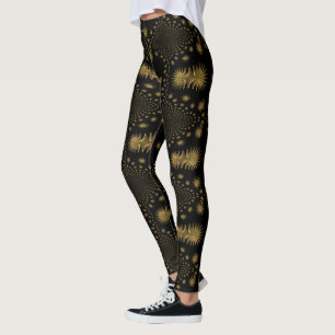 fractal golden stars,black background leggings