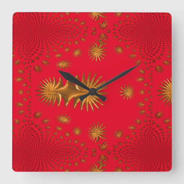 fractal golden stars,red  background square wall clock (Front)