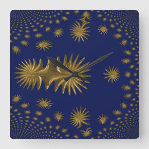 Fractal golden stars square wall clock