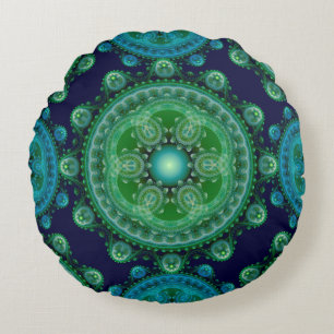 Fractal green blue oriental decoration round cushion