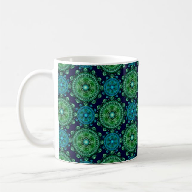 Fractal green blue oriental pattern coffee mug (Left)