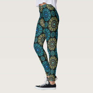 Fractal green blue ornament leggings