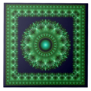 Fractal green brilliant framed mandala tile