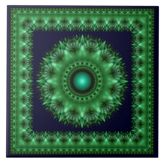 Fractal green brilliant framed mandala tile (Front)