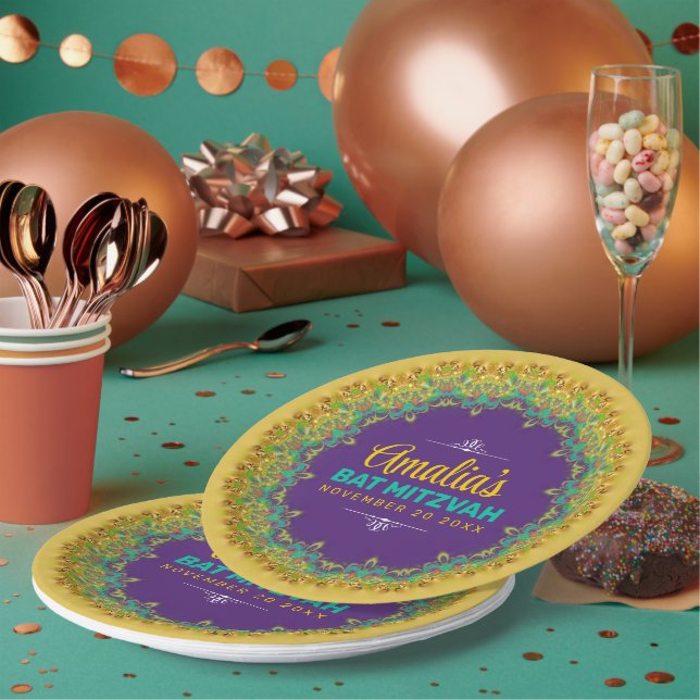 Fractal Lace Purple Yellow Bat Mitzvah Paper Plate (Multi)